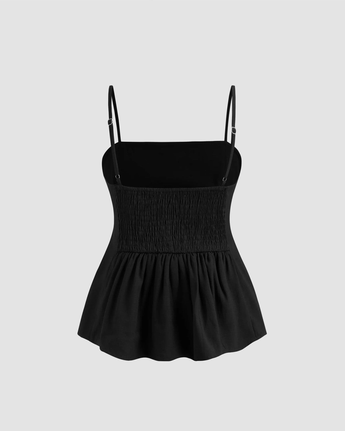topwear,tops,casual, vacation, outdoor events,minimal, sophisticated, summer,woven,cotton twill,black,solid,pleated,tailored fit,fit and flare,waist length,straight hem,cami neck,spaghetti strap,sleeveless	OY1919, 25060024GG