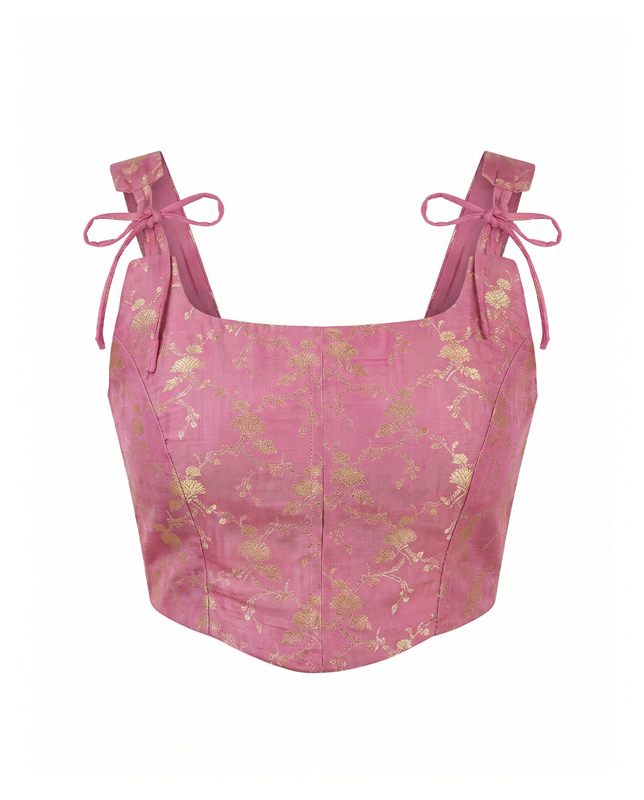 Carnation Pink Tie Up Strap Brocade Corset Top