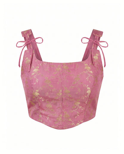Carnation Pink Tie Up Strap Brocade Corset Top