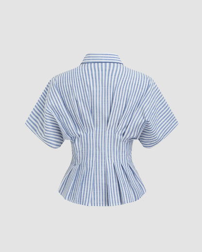 topwear,tops,casual, outdoor events,minimal, summer, streetwear,woven,linen,printed,blue,color block, pinstripes,pleated, pinstripes,button,tailored fit,fit and flare,waist length,curved hem,shirt collar,batwing sleeve,short sleeves	25060048GG,OY2016