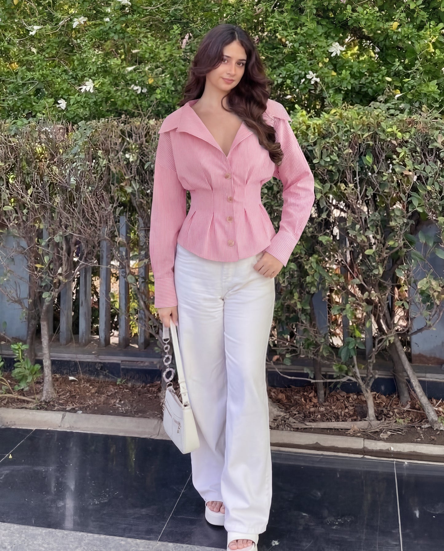 Pink Stripe Shirt With Cinched Waist