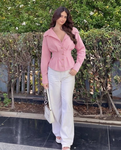 Pink Stripe Shirt With Cinched Waist