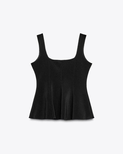 topwear,tops,semi-formal,statement piece,knitted,polyester, spandex,black,solid,panelling,button, golden trims,slim fit,vest,waist length,flounce hem,diamond neck,shoulder strap,no sleeves,sleeveless, OY2177, 25090044GG