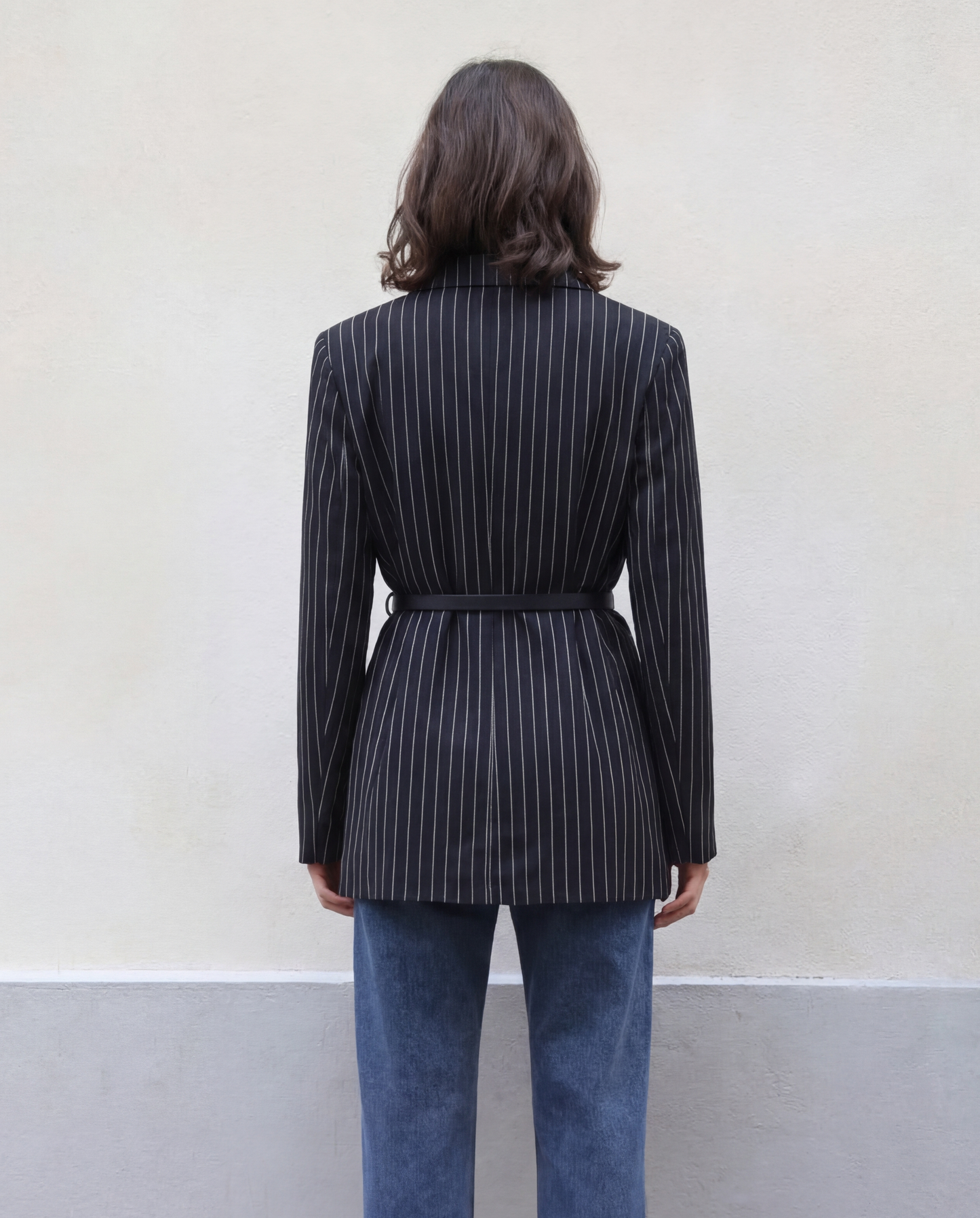 Pinstripes Double Breasted Blazer With Belt