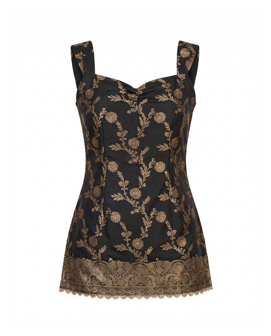 The Geet Black & Gold Brocade Sweetheart Kurti