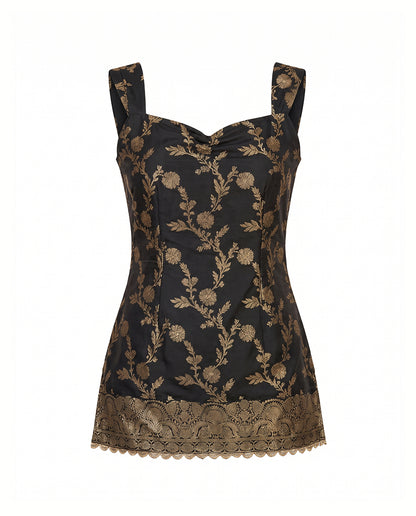 The Geet Black & Gold Brocade Sweetheart Kurti