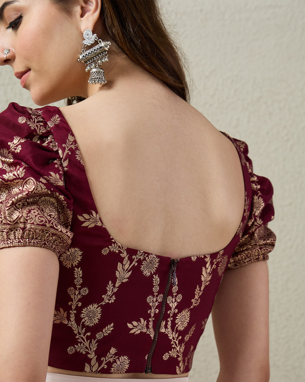 topwear,tops,ethnic, indo-western,ethnic wear, festive wear, indian wear, summer, casual,woven,poly,brocade,purple,floral pattern,panelling,zipper,skinny fit,slim fit top,crop length,curved hem,square neck,no straps,puff sleeves,short sleeves, OY2102, 25070043GG