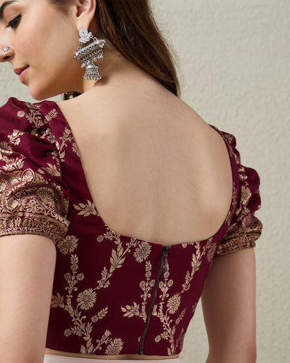 topwear,tops,ethnic, indo-western,ethnic wear, festive wear, indian wear, summer, casual,woven,poly,brocade,purple,floral pattern,panelling,zipper,skinny fit,slim fit top,crop length,curved hem,square neck,no straps,puff sleeves,short sleeves, OY2102, 25070043GG