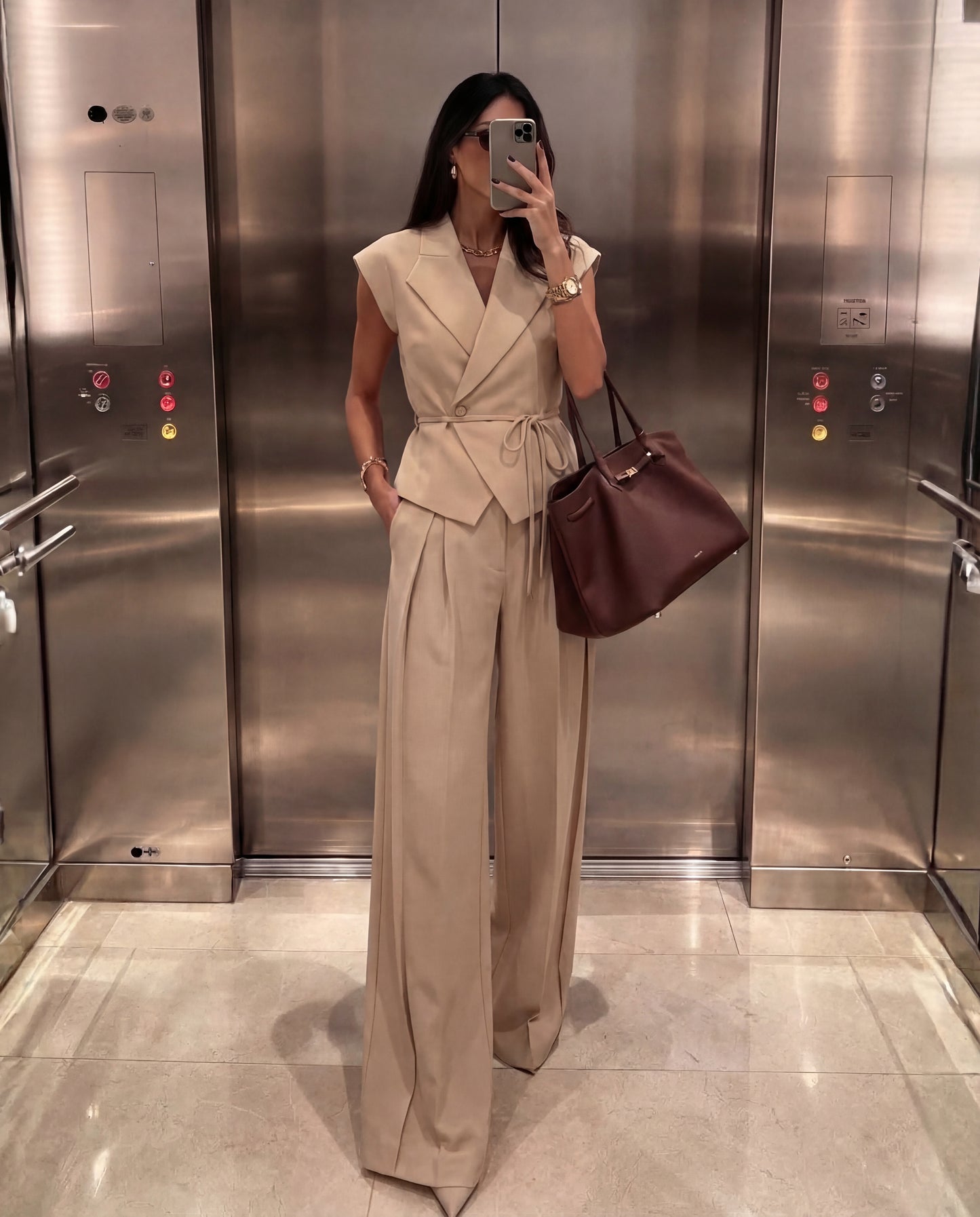 Beige Tie Up Waist Coat Suit Set