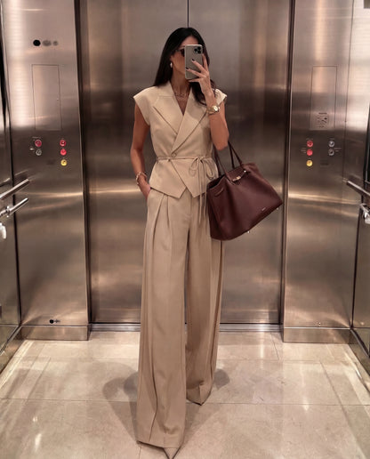 Beige Tie Up Waist Coat Suit Set