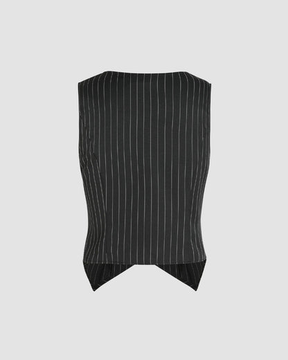 topwear,tops,formal, semi-formal,minimal, sophisticated, summer,woven,polycotton,black,stripe,button,slim fit,fitted,waist length,curved hem,v-neck,sleeveless, OY2001, 25060033GG