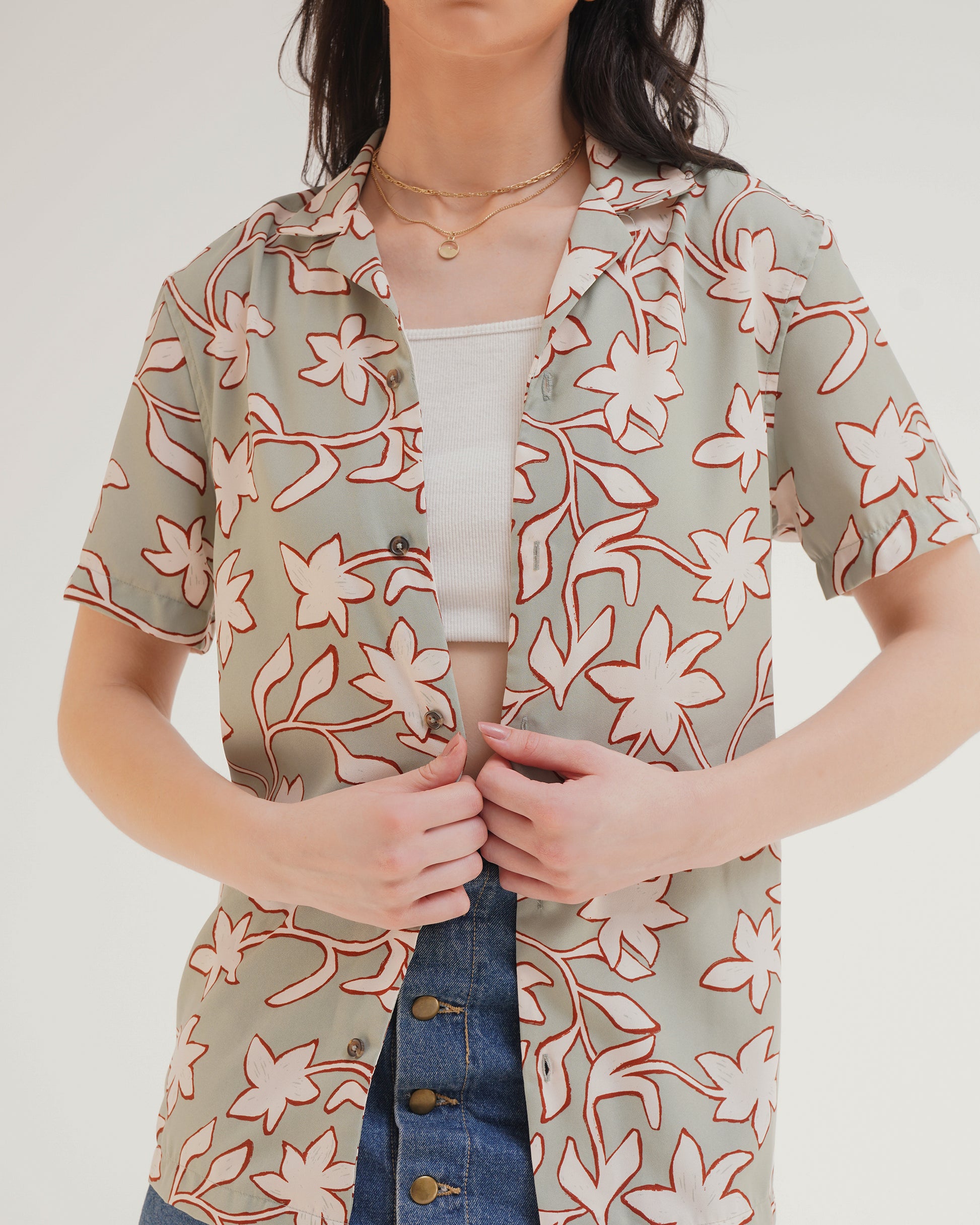 PRINTED BOYFRIEND SHIRT,abstract, beach, boyfriend shirts, button, casual, collared, cotton, floral, longline, multi colored, oversized, printed, sage green, shirts, short sleeves, streetwear, summer, topwear, tropical, vacation, woven,printed-boyfriend-shirt-sagegreen,Color- Sage GreenFabric- PolyesterType- Boyfriend ShirtFit- OversizedLength- LonglineNeck- CollaredSleeves- ShortClosure- Button UpPrint- Floral Abstract