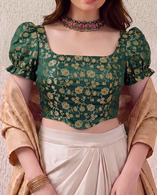 Teal Green Puff Sleeves Brocade Corset Top