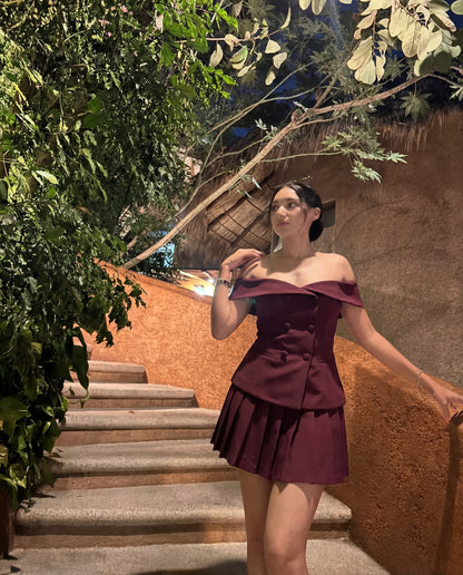 Off Shoulder Top And Pleated Skirt Set
