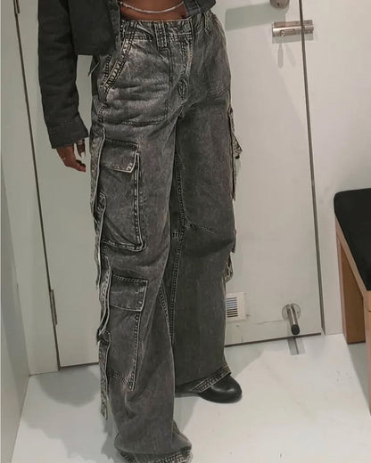 bottomwear,cargos,casual,summer, streetwear, urban fit,woven,denim,washed jeans, washed effect,ash grey,multi pocket, patch pocket, side pockets, utility pocket,straps,baggy fit,wide leg,full length,NA,high rise