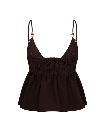 coord sets,bottomwear, topwear,casual chic, outddoors, vacation, lunch date, summer,urban fit, genz, minimal,woven,cotton,,,dark brown,solid,gathers,beads,regular fit top,cami neck top,waist length top,flared hem,sweetheart neck,adjustable straps,no sleeves,sleeveless,slip on top,pants,wide leg pants,full length,straight hem,mid rise waist,side pockets, OY3053, 25070024GG