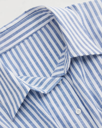 topwear,tops,casual, outdoor events,minimal, summer, streetwear,woven,linen,printed,blue,color block, pinstripes,pleated, pinstripes,button,tailored fit,fit and flare,waist length,curved hem,shirt collar,batwing sleeve,short sleeves	25060048GG,OY2016