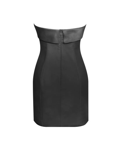 dresses,dresses,date night, semi-formal, statement,bold, glam,knitted,lycra, satin,black,solid,button,slim fit,bandeau,mini,off shoulder neck,sleeveless,Color: Black
Fabric: Satin, Lycra
Type: Bandeau Dress
Fit: Slim Fit
Length: Mini
Neck: Off Shoulder Neck
Closure: Zipper
Print: Solid
Details: The front overlap detailing lends the dress a tuxedo-inspired aesthetic.,TUXEDO INSPIRED BANDEAU DRESS IN BLACK,tuxedo-inspired-bandeau-dress-in-black-black-oy1221