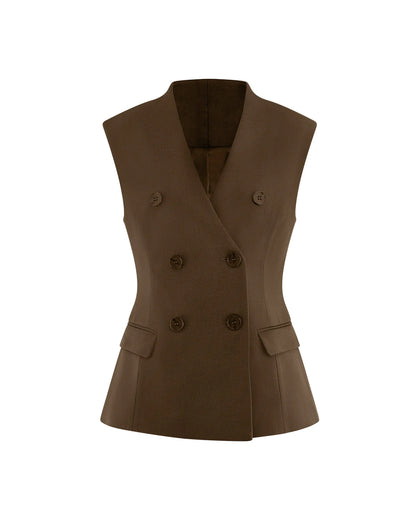 coord sets,bottomwear, topwear,formal, semi-formal, summer,urban fit, genz, minimal,woven,cotton twill,,,brown,solid,double breasted,buttons,regular fit top,waistcoat,longline top,straight hem,v neck,no straps ,no sleeves,sleeveless,button up top,pants,wide leg pants,full length,straight hem,mid rise waist,side pockets,OY3056, 25070026GG