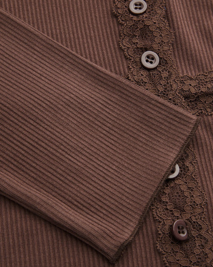 topwear,tops,casual, casual chic,gen z, minimal, summer,knitted, stretchable,ribbed,,brown,solid,contrast fabric, textured,button,skinny fit,crop top,crop,curved hem,v-neck,no straps,set in sleeves,long sleeves, OY2157, 25080019GG