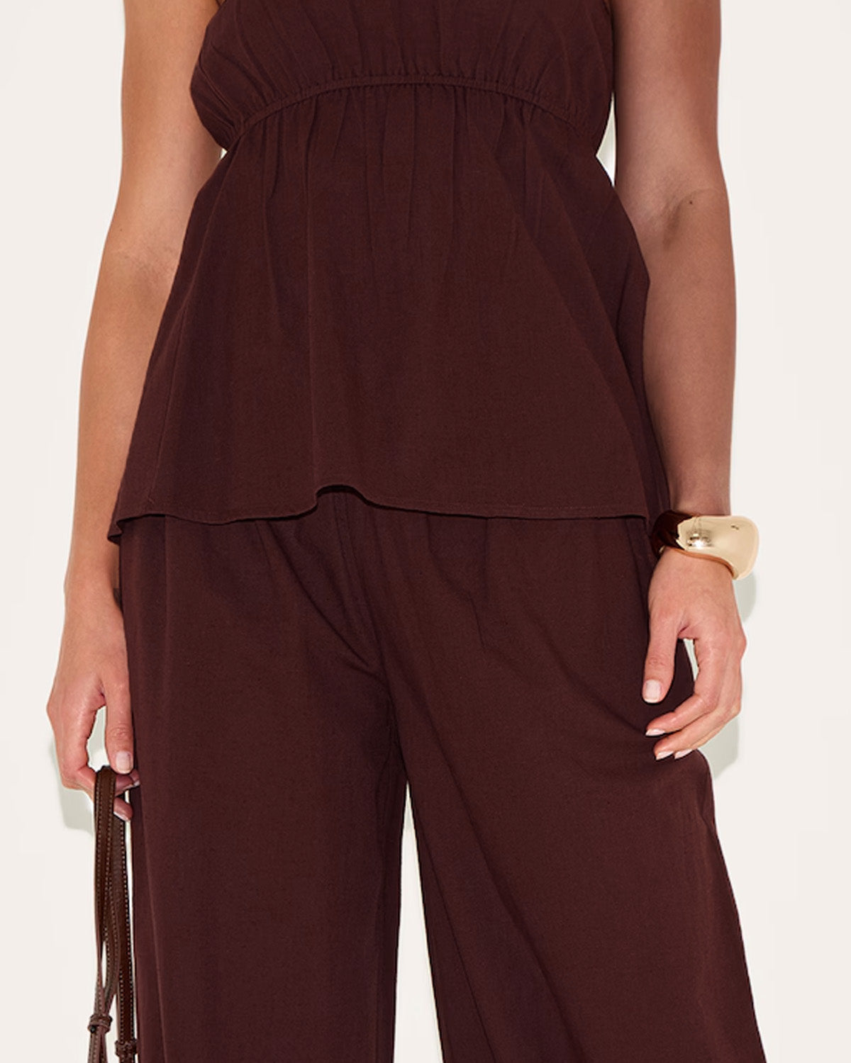 coord sets,bottomwear, topwear,casual chic, vacation, outdoor events, summer,urban fit, genz,woven,cotton,gathers,dark brown,solid,gathers,,,fit and flare fit,bandeau,waist length top,flared hem,off shoulder,no straps ,no sleeves,sleeveless,slip on,pants,wide leg pants,full length,straight hem,mid rise waist,side pockets, OY3058, 25070027GG