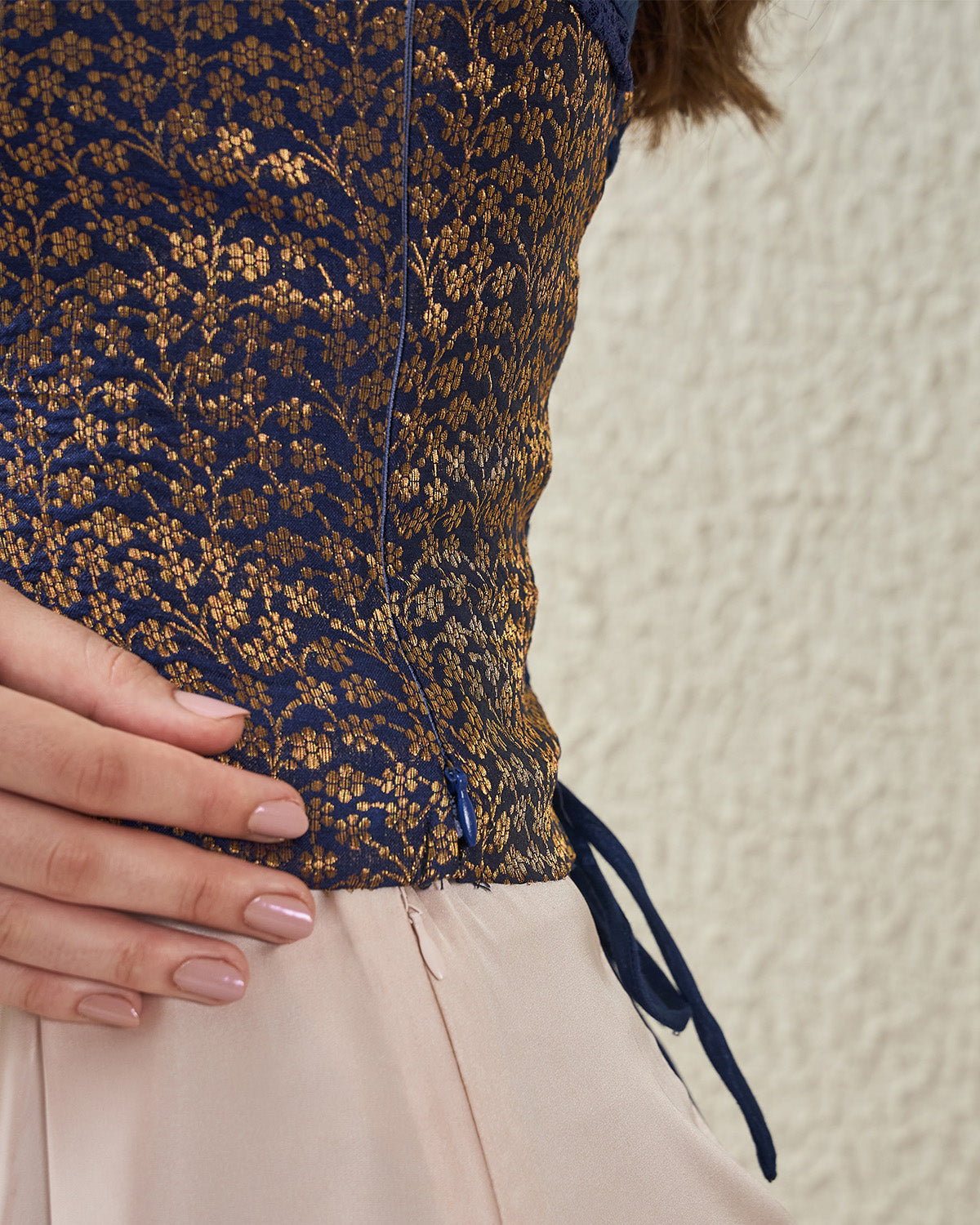 topwear,tops,ethnic, indo-western,bold, ethnic wear, festive wear, indian wear, summer,woven,brocade,brocade,navy,floral pattern,criss cross detail,zipper,skinny fit,bandeau,waist length,straight hem,off shoulder,no straps,off shoulder,sleeveless, 25070034GG, OY3003 navy 