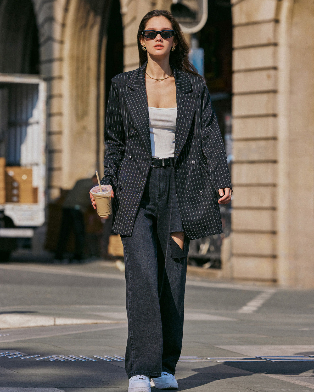 topwear,tops,formal, semi-formal,creative workwear, minimal, summer,woven,polycotton,yarn dyed,black,pinstripes, stripes,pinstripes,button,relaxed fit,blazer,longline,straight hem,notch collar,long sleeves,OY2006, 25060038GG"