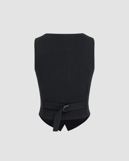 topwear,tops,formal, semi-formal,creative workwear, minimal, summer,woven,polycotton,black,pinstripes, stripes,pinstripes, slit,button,regular fit,vest,waist length,curved hem,v-neck,sleeveless,OY2004, 25060036GG