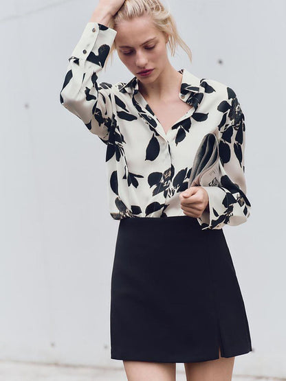 Ivory & Black Leaf's Print Satin Shirt