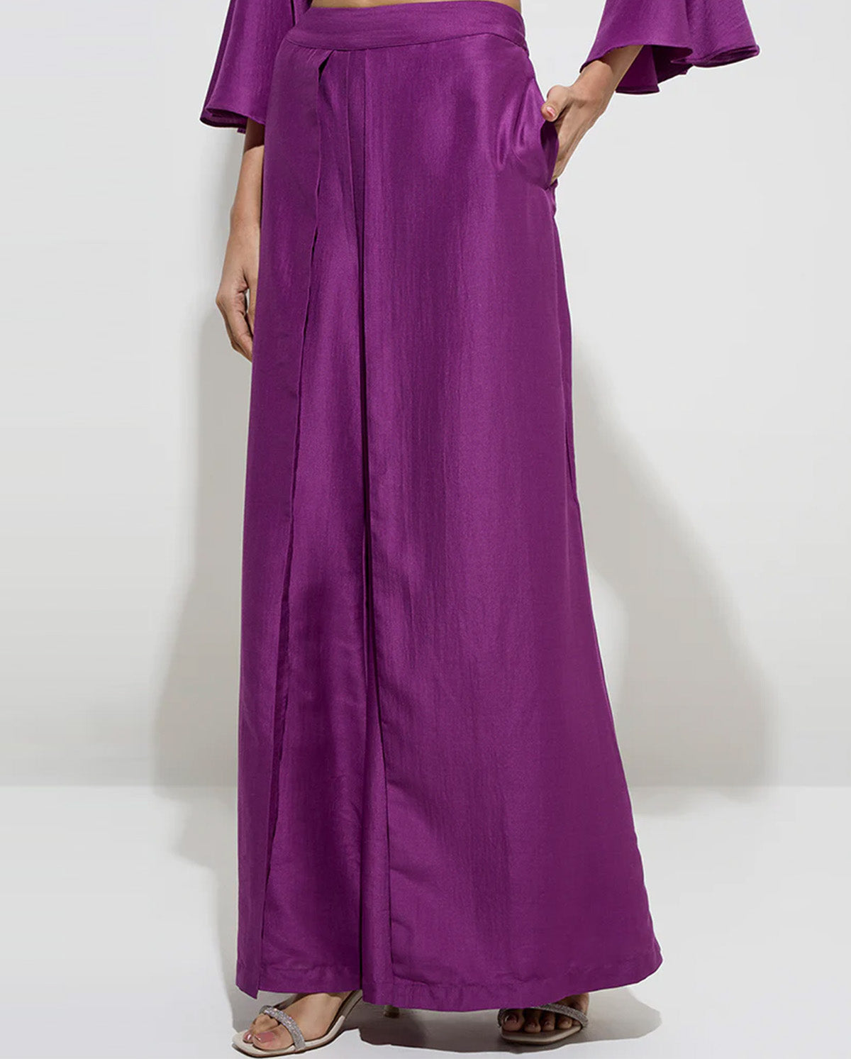 coord sets,bottomwear, topwear,party, outdoor events,festive, glam, indo western, minimal, soft girl,woven,santoon,embroidered,plum,solid,panelling,bead, rhinestone,regular fit top,crop top,crop top,flared hem,lapel collar,no straps,flounce sleeve,three quarter sleeves,button up,pants,panelled flare pants,full length,flared hem,mid rise waist,oy3033,25070060GG
