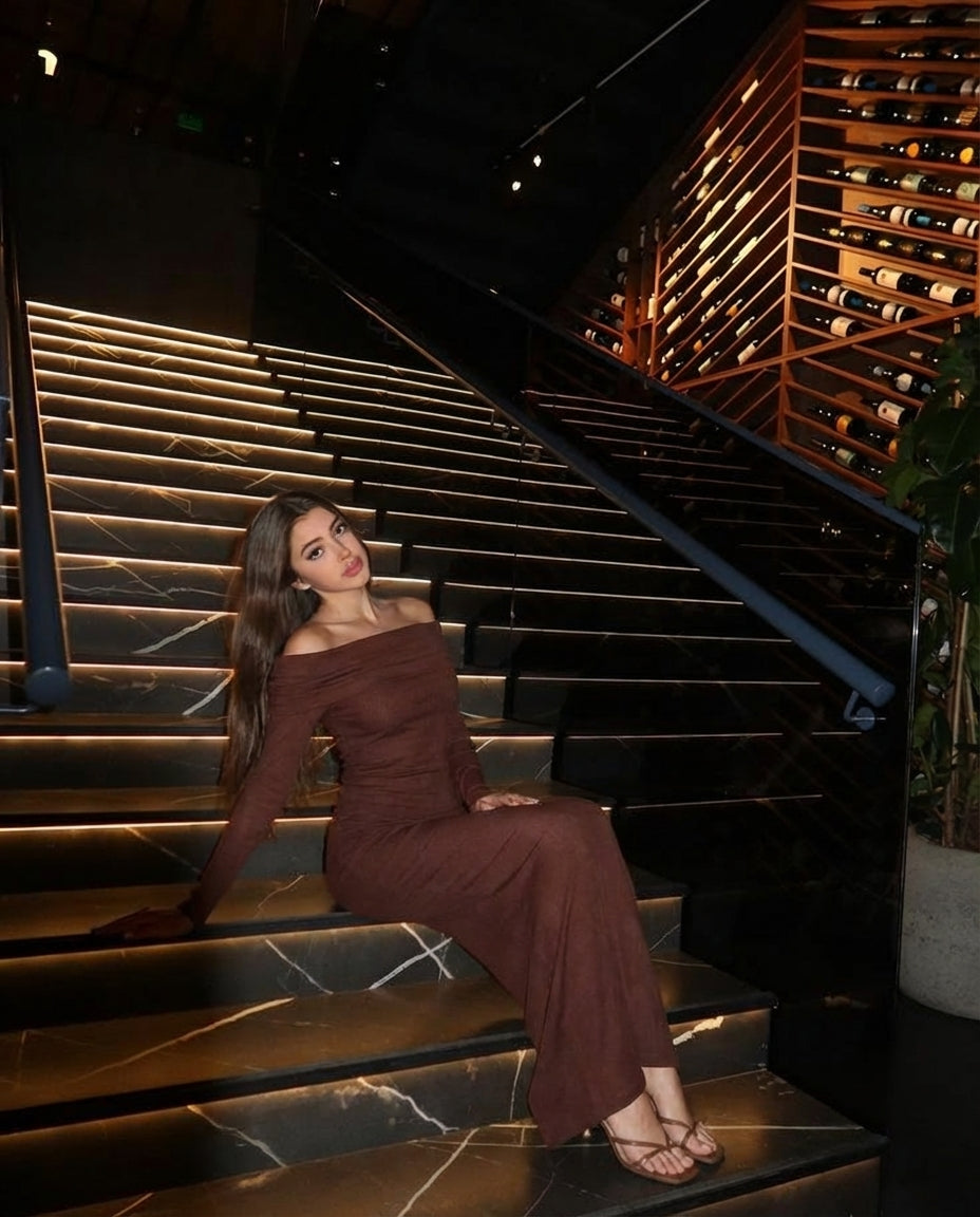 Brown Bardot Top With Skirt - Coord Set