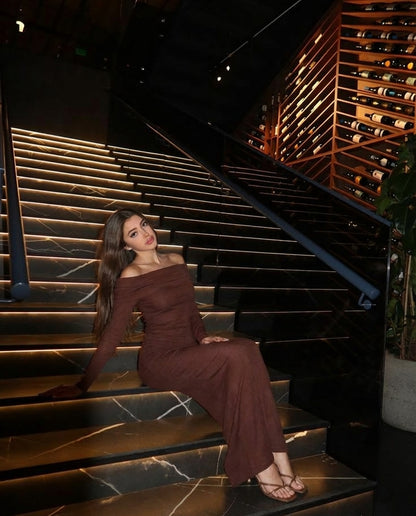 Brown Bardot Top With Skirt - Coord Set