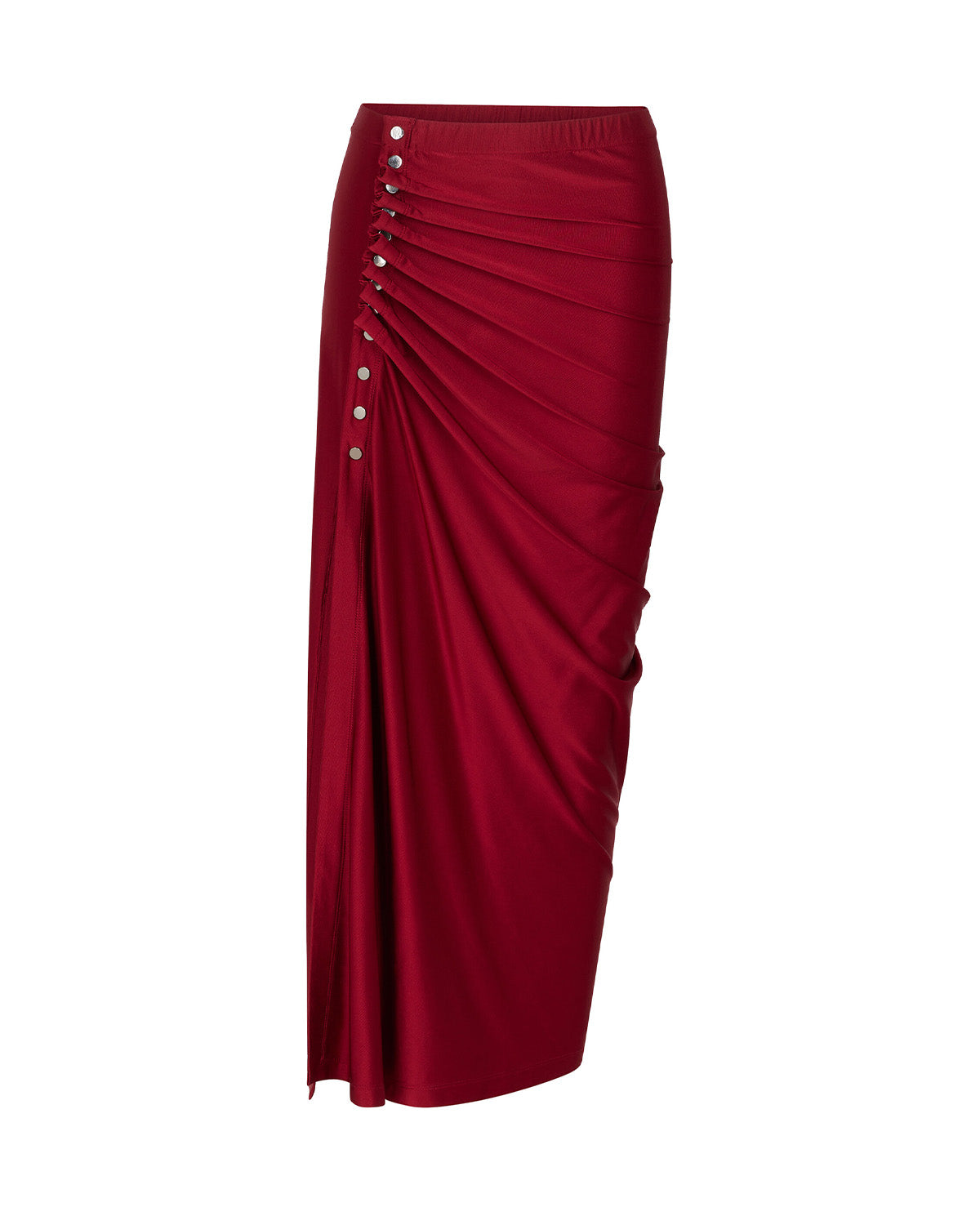 coord sets,bottomwear, topwear,casual chic, vacation, outdoor events, minimal, summer, urban fit, ,knitted,polyester, spandex,gathers,red,solid,fabric gathers,buttons,slim fit top,fitted top,waist length top,straight hem,crew neck,no straps ,short sleeves,short sleeves,slip on,skirts,slit  skirt,ankle length,straight hem,mid rise waist,no pockets,OY3062, 25070031GG