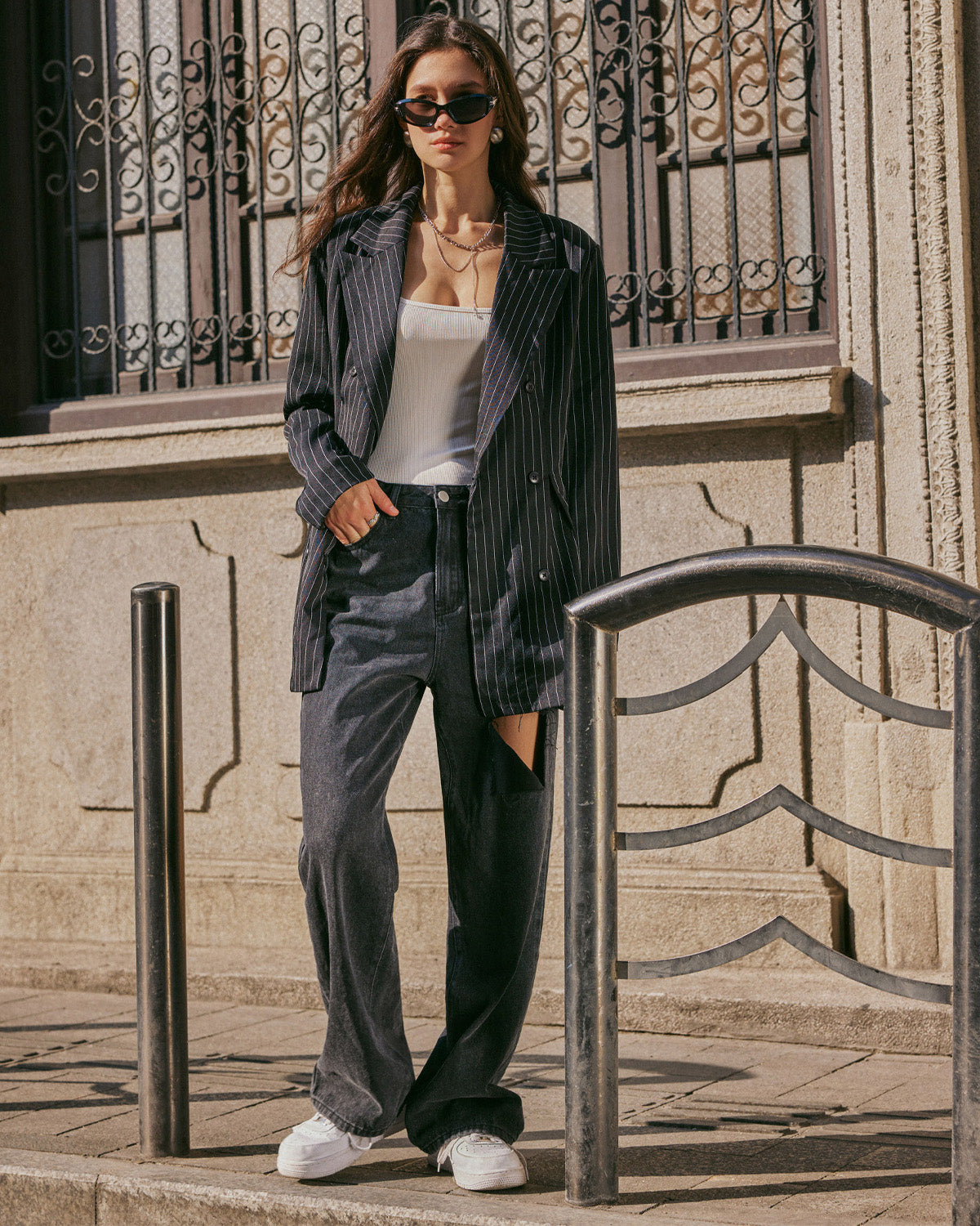 topwear,tops,formal, semi-formal,creative workwear, minimal, summer,woven,polycotton,yarn dyed,black,pinstripes, stripes,pinstripes,button,relaxed fit,blazer,longline,straight hem,notch collar,long sleeves,OY2006, 25060038GG"