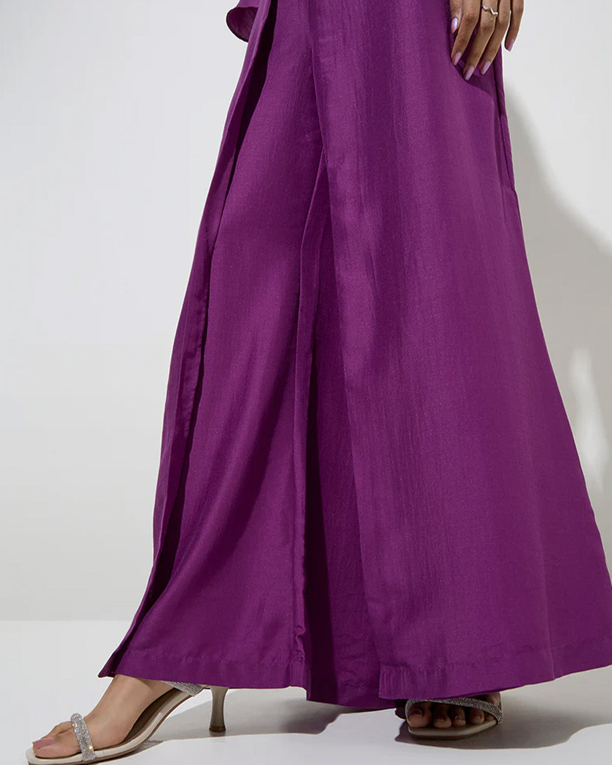 coord sets,bottomwear, topwear,party, outdoor events,festive, glam, indo western, minimal, soft girl,woven,santoon,embroidered,plum,solid,panelling,bead, rhinestone,regular fit top,crop top,crop top,flared hem,lapel collar,no straps,flounce sleeve,three quarter sleeves,button up,pants,panelled flare pants,full length,flared hem,mid rise waist,oy3033,25070060GG