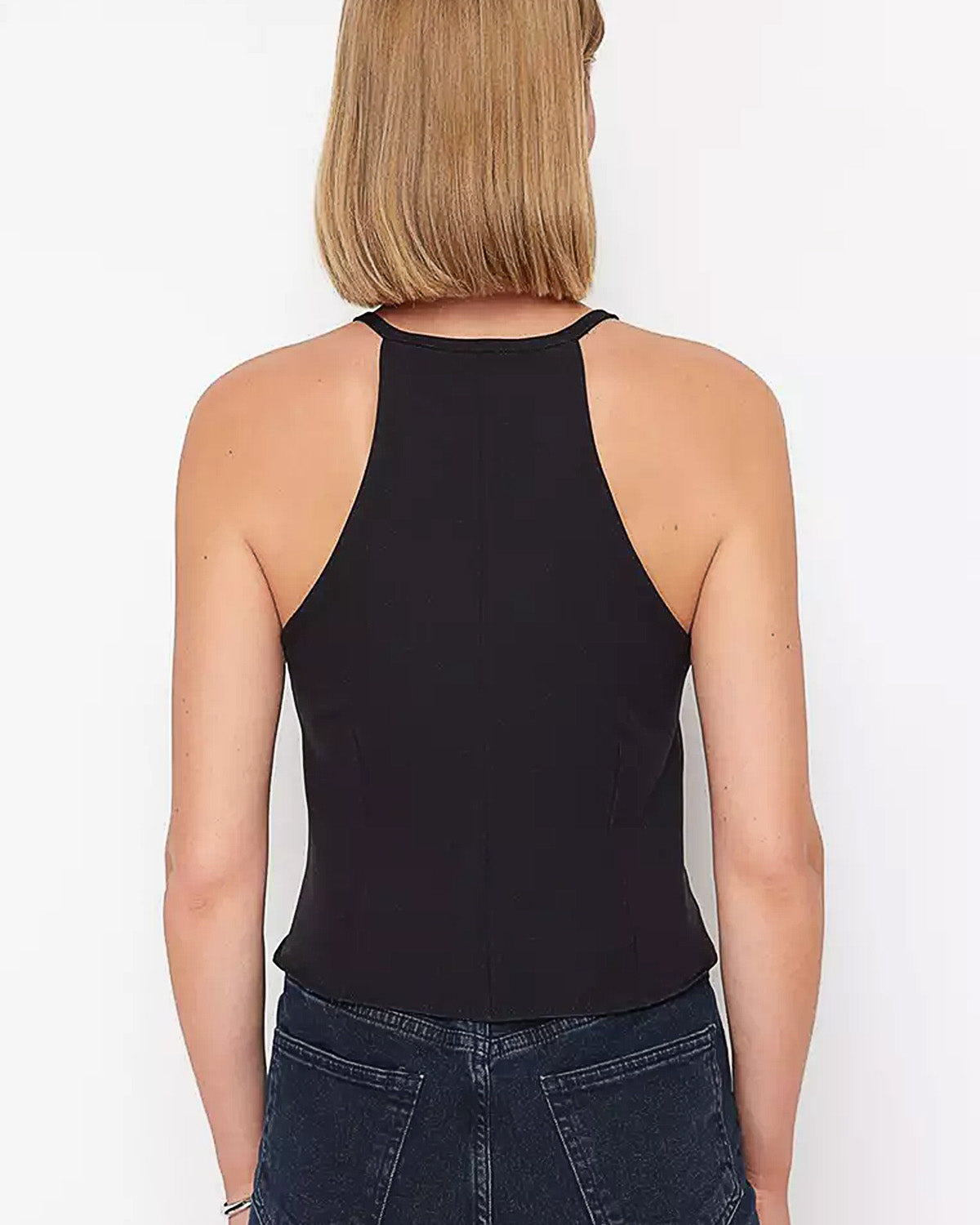 topwear,tops,casual,knitted, stretchable,elastane, polyester,black,cutout,belt, buckle,tailored fit,fitted,regular,halter neck,sleeveless,beige,25050002BU