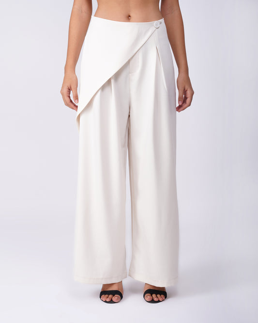 WRAP FRONT WIDE LEG PANTS,bottomwear, full length, high rise, ivory, pants, pleated, polyester, relaxed fit, semi-formal, streetwear, summer, wide leg, woven,wrap_front_wide_leg_pants_ivory,Color- IvoryFabric- Polyester Type- Wide LegFit- Relaxed Fit Length- Full Length(41in)Waist- High RiseClosure- Zip &amp; ButtonPrint- SolidDetail- Pleated &amp; Wrap Front