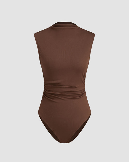 topwear,tops,casual, casual chic,bold, gen z,knitted, stretchable,ribbed,brown,solid,ruched,skinny fit,bodysuit,longline,curved hem,high neck,no straps,no sleeves,sleeveless, OY2158, 25080020GG