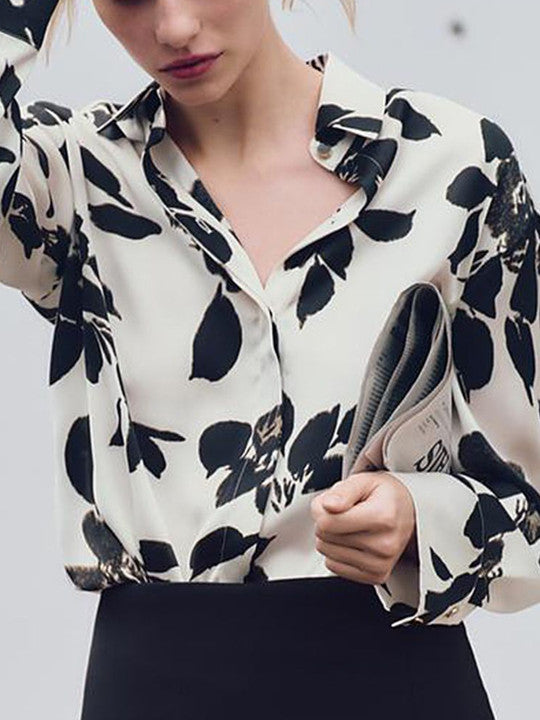 Ivory & Black Leaf's Print Satin Shirt