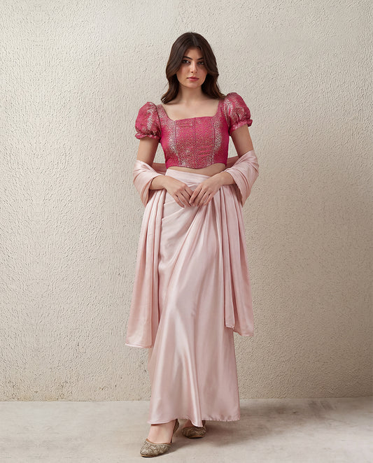 Fuschia Pink Banarasi Top & Skirt Coord set