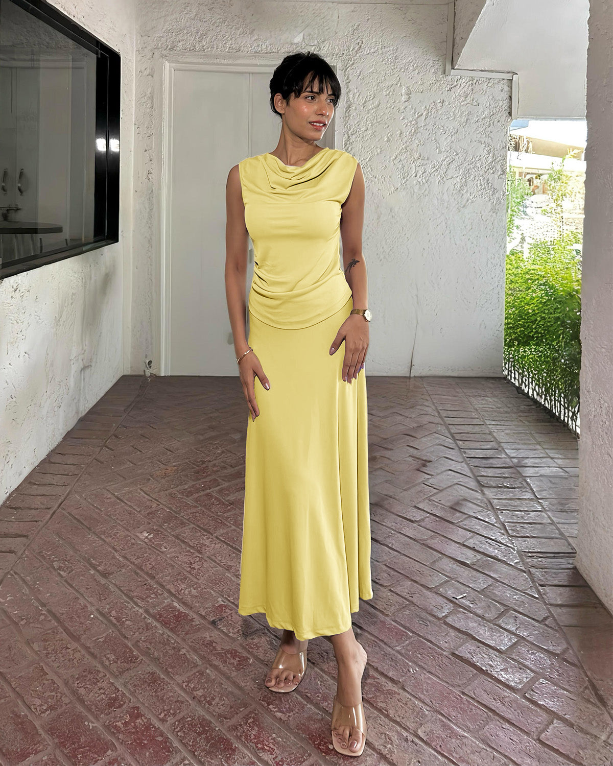 sets,vacation, outdoor events,beach, minimal, soft girl, summer, timeless,knitted, stretchable,ribbed,lavender,solid,slim fit,fitted,regular length,cowl neck,,sleeveless, lemon yellow, brown,combo,bundle,25050003BU