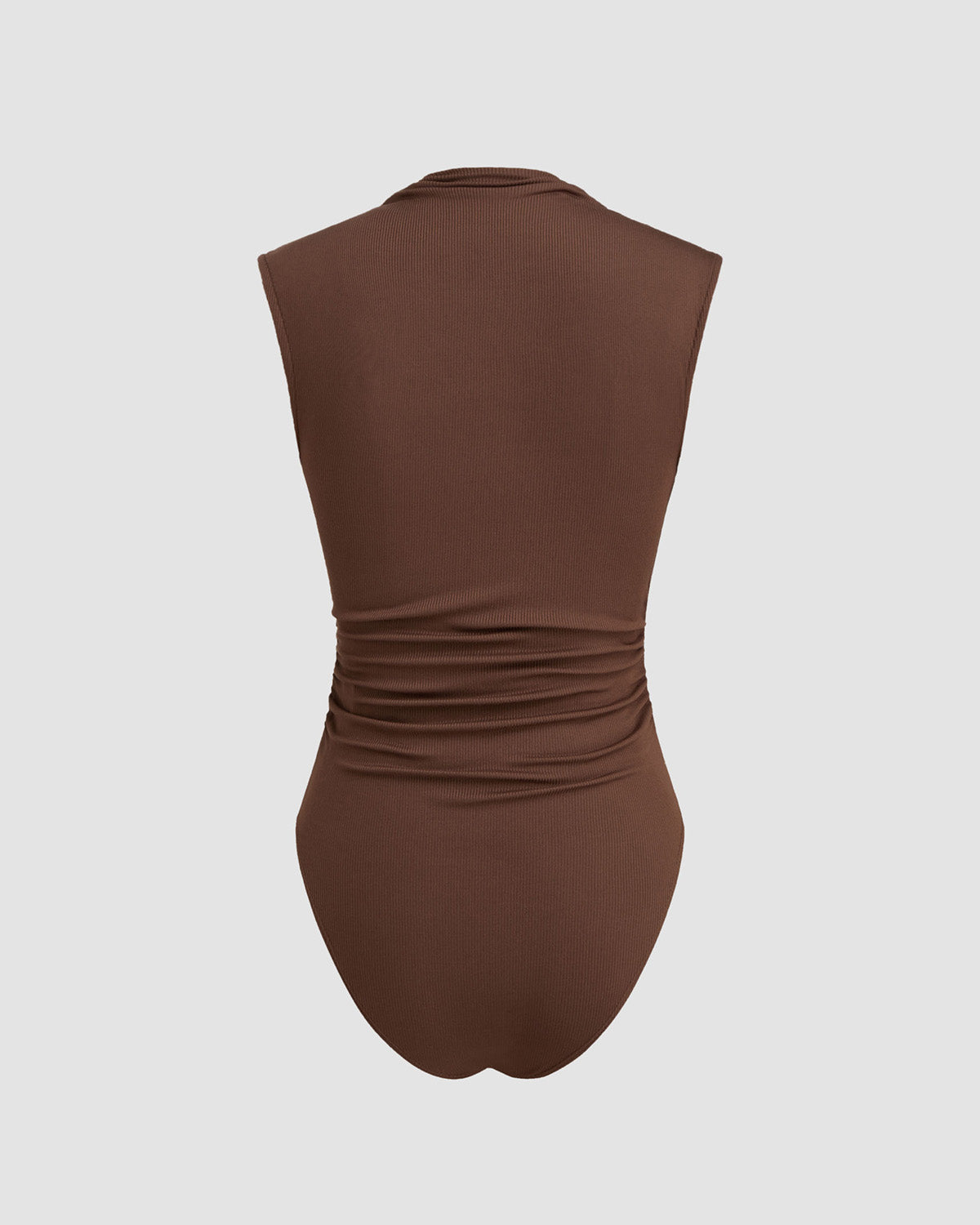 topwear,tops,casual, casual chic,bold, gen z,knitted, stretchable,ribbed,brown,solid,ruched,skinny fit,bodysuit,longline,curved hem,high neck,no straps,no sleeves,sleeveless, OY2158, 25080020GG