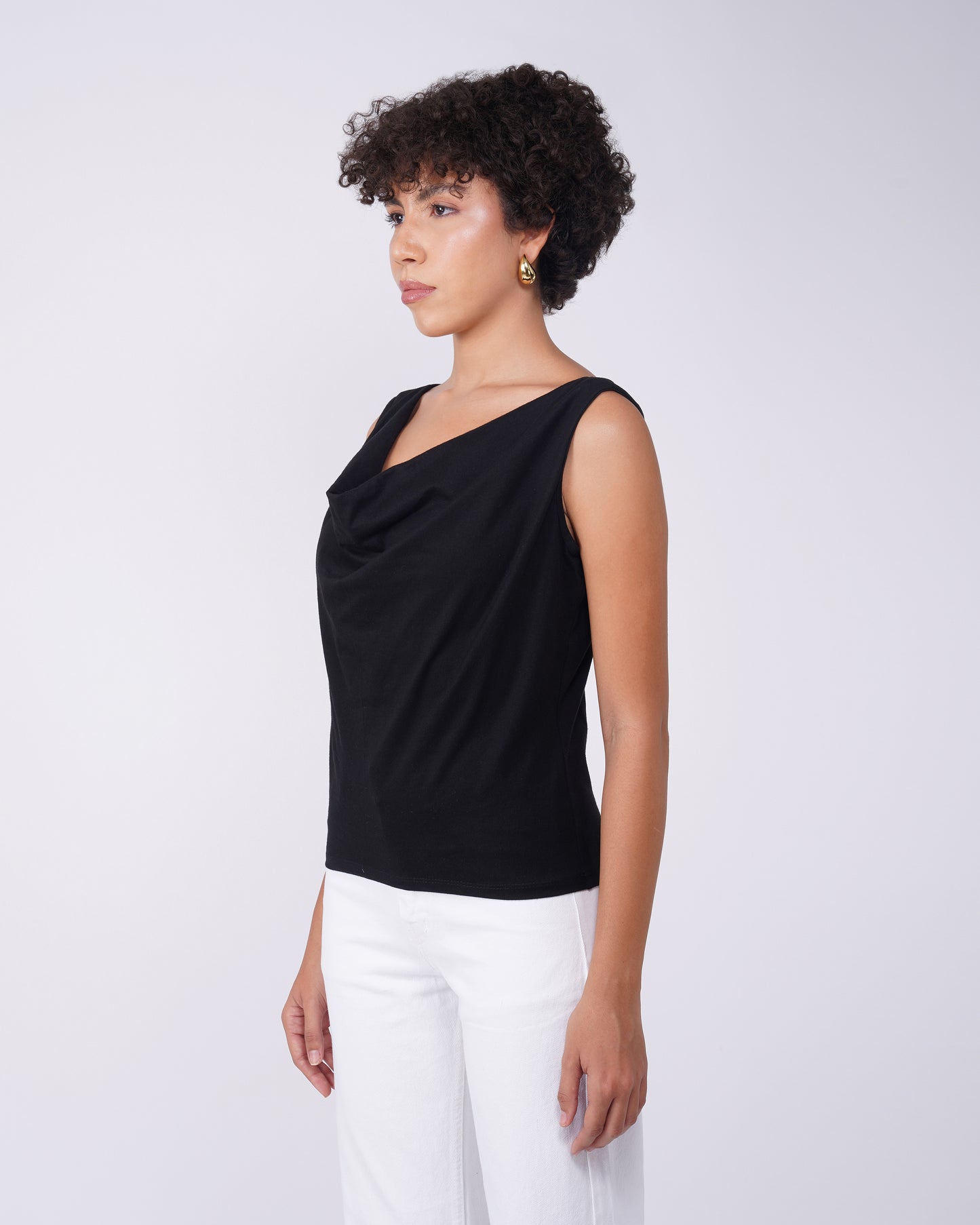 cowl-neck-fitted-top-black,COWL NECK FITTED TOP,topwear,tops,casual,streetwear,knitted, stretchable,single jersey,black,solid,slim fit,fitted,regular,cowl neck,sleeveless