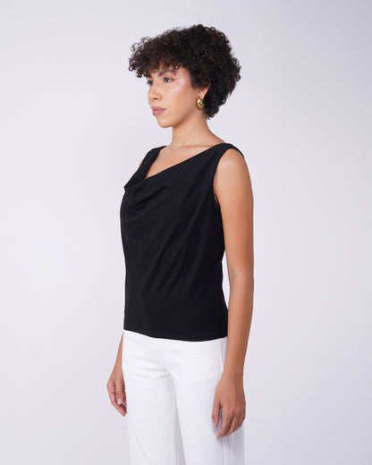 cowl-neck-fitted-top-black,COWL NECK FITTED TOP,topwear,tops,casual,streetwear,knitted, stretchable,single jersey,black,solid,slim fit,fitted,regular,cowl neck,sleeveless