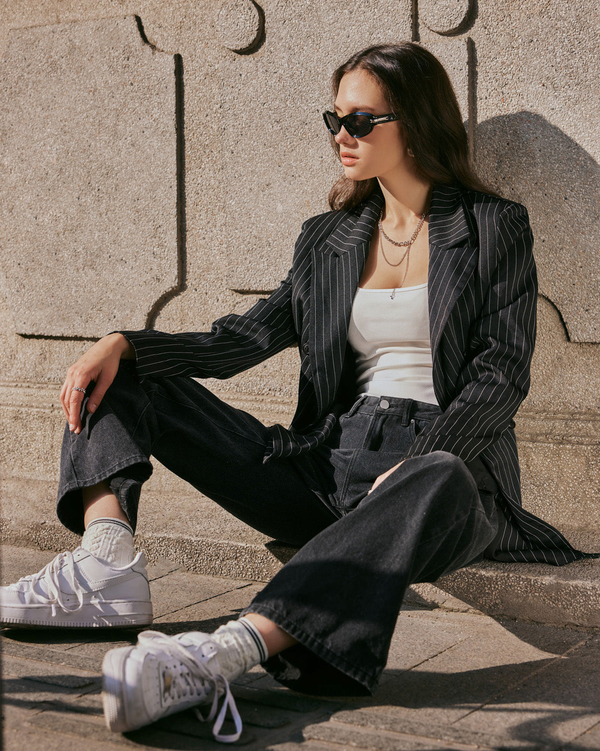 topwear,tops,formal, semi-formal,creative workwear, minimal, summer,woven,polycotton,yarn dyed,black,pinstripes, stripes,pinstripes,button,relaxed fit,blazer,longline,straight hem,notch collar,long sleeves,OY2006, 25060038GG"