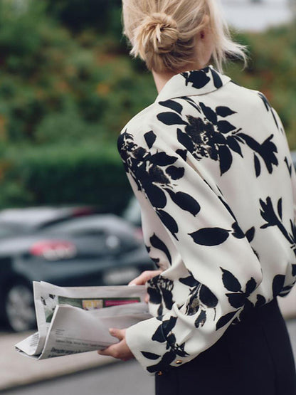 Ivory & Black Leaf's Print Satin Shirt