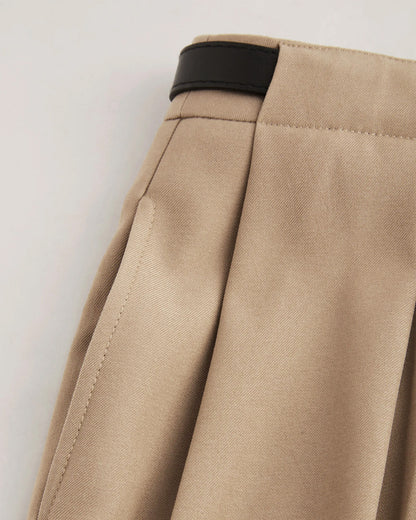 Beige Pleated Pants With Belt