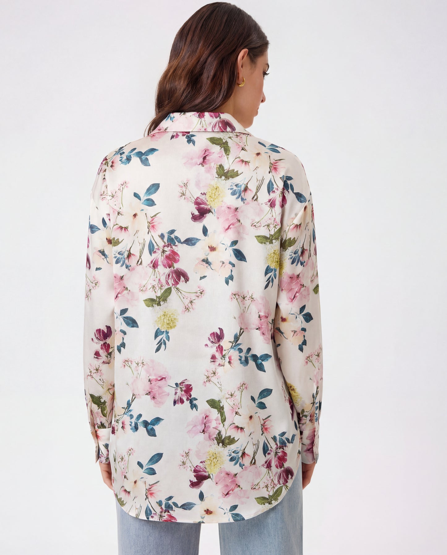 White & Multicolor Florals Satin Shirt