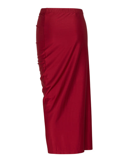 coord sets,bottomwear, topwear,casual chic, vacation, outdoor events, minimal, summer, urban fit, ,knitted,polyester, spandex,gathers,red,solid,fabric gathers,buttons,slim fit top,fitted top,waist length top,straight hem,crew neck,no straps ,short sleeves,short sleeves,slip on,skirts,slit  skirt,ankle length,straight hem,mid rise waist,no pockets,OY3062, 25070031GG