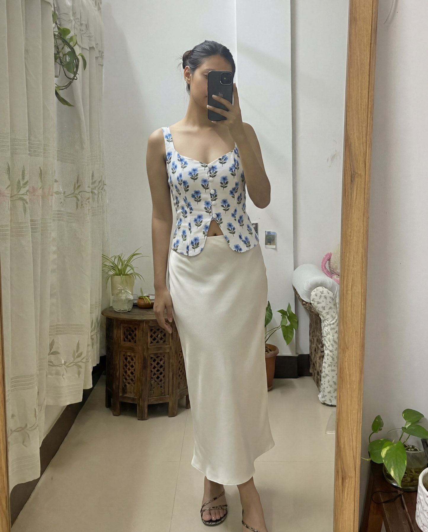 Floral Corset Top With Ivory Satin Skirt